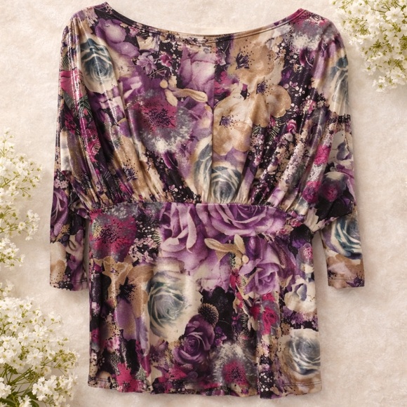 Purple & Tan Floral Blouse with Shimmery Accents - Picture 2 of 4